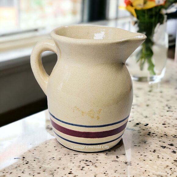Vintage Robinson Ransbottom Pottery Roseville Ohio #850 1 Qt Pitcher Blue & Red - Picture 2 of 15